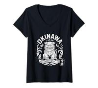 Mujer Okinawa Japón Guardian Shisa Lion Retro Hanko Kanji Souvenir Camiseta Cuello V