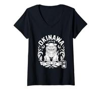 Mujer Okinawa Japón Guardian Shisa Lion Retro Hanko Kanji Souvenir Camiseta Cuello V