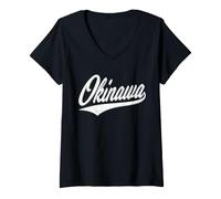 Mujer Okinawa JAPÓN Varsity GUIÓN Retro Vintage Deportivo Estilo Camiseta Cuello V