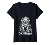 Mujer Okinawa Shisa Lion Dog Guardian Japón Kanji Souvenir Camiseta Cuello V