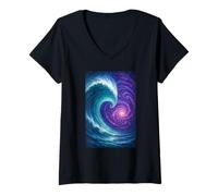Mujer Ola del océano cósmico se Encuentra con la Galaxia Espiral, Obra de Arte Camiseta Cuello V