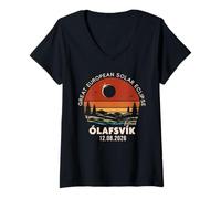 Mujer Ólafsvík, Islandia Gran Eclipse Solar Europeo 2026 Camiseta Cuello V