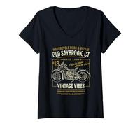 Mujer Old Saybrook CT USA - Diseño de Motocicleta Estilo Retro Envejecido Camiseta Cuello V
