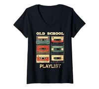 Mujer Old School Playlist Cintas de Casete Vintage Memoria Retroceso Camiseta Cuello V