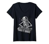 Mujer Old Skool Raver Skeleton DJ Rave To The Grave Música EDM Camiseta Cuello V