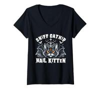Mujer Olfatea Hierba gatera Granizo Gatito Muerte Metal Heavy Rock Cat Lover Camiseta Cuello V
