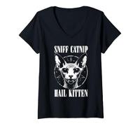 Mujer Olfatea Hierba gatera Granizo Gatito Muerte Metal Heavy Rock Cat Lover Camiseta Cuello V