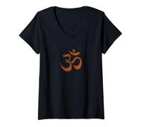 Mujer Om Print Yoga marrón Desvanecido Ohm Mantra Símbolo Sánscrito AUM Camiseta Cuello V