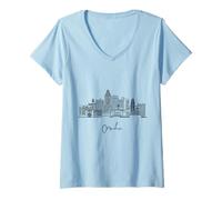 Mujer Omaha Nebraska Skyline US Viajes Souvenirs Negro Paisaje urbano Camiseta Cuello V