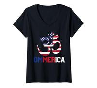 Mujer Ommerica OM Yoga Bandera Americana 4 de Julio Yogi Yogini Camiseta Cuello V