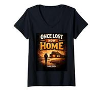 Mujer Once Lost Now Home Lucas 15:24 Cita de fe Cristiana Camiseta Cuello V