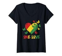 Mujer One Love Rasta Heart Reggae Raíces Jamaica Mariposa Paz Camiseta Cuello V