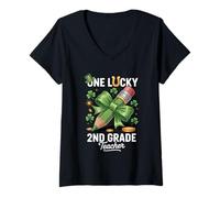 Mujer One Lucky 2nd Grade Teacher Shamrock St Patricks Day School Camiseta Cuello V