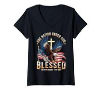 Mujer One Nation Under God Blessed Eagle Bandera de Estados Unidos Cruz Patriota Camiseta Cuello V