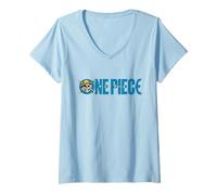 Mujer One Piece Luffy Jolly Roger Blue Logo Camiseta Cuello V