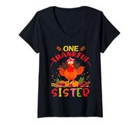 Mujer One Thankful Sister Turkey Fall Autumn Thanksgiving Camiseta Cuello V