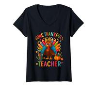 Mujer One Thankful Teacher Thanksgiving Cute Color Pencil Turkey Camiseta Cuello V