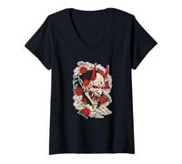 Mujer Oni Demonio Flores Japón Tatu Camiseta Cuello V