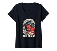 Mujer Oni Japanese Kanji Demon Retro Anime Japón Souvenir Camiseta Cuello V
