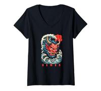 Mujer Oni Japanese Kanji Demon Retro Anime Japón Souvenir Camiseta Cuello V