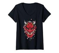 Mujer Oni Mask Cherry Blossom Japanese Demon Art Camiseta Cuello V