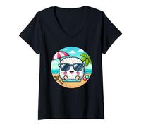 Mujer Onigiri Summer Vibes Kawaii Riceball con gafas de sol Camiseta Cuello V