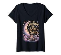 Mujer Only Here To Sniff Chairs Celestial Moon Cat Camiseta Cuello V