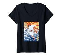 Mujer Opossum Kaiju Gran Ola Arte Japonés Vintage Zarigüeya Divertido Camiseta Cuello V