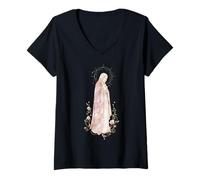 Mujer Oración católica Floral Rosa Virgen María Camiseta Cuello V