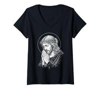Mujer Orando a Jesús Diseño Gráfico para Amantes de la Iglesia Fe Camiseta Cuello V