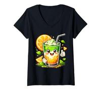 Mujer Orange Matcha Latte T-Shirt Iced Green Tea Lover Gift Kawaii Camiseta Cuello V