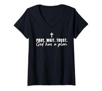 Mujer Orar Esperar Confiar Dios Tiene Un Plan Cruz Cristiana Fe Jesús Camiseta Cuello V