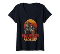 Mujer Orar sin Cesar Oración Cristiana Caballero 80s Retro Camiseta Cuello V