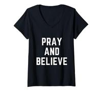 Mujer Orar y Creer fe Cristiana Jesús Biblia Adoración Camiseta Cuello V