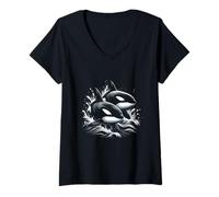 Mujer Orca Ballena Montar Ola Océano Mar Animal Amante Ballena Pareja Camiseta Cuello V