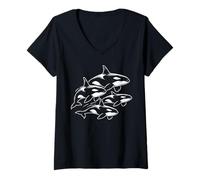 Mujer Orca Line Art Ocean Wildlife Ballena Pod Diseño Gráfico Camiseta Cuello V