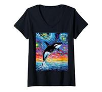 Mujer Orca Starry Night Colorido Ballena Puesta de Sol Océano Arte por Aja Camiseta Cuello V