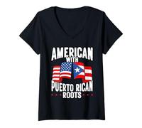 Mujer Orgullo Americano con raíces puertorriqueñas Bandera de Puerto Rico Camiseta Cuello V