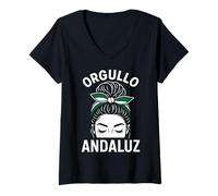 Mujer Orgullo Andaluz Mujer Moño Bandera Andalucía Regalo Camiseta Cuello V