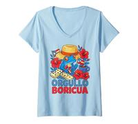 Mujer Orgullo Boricua Pava Hat Coquí Frog Domino Puerto Rico Flag Camiseta Cuello V