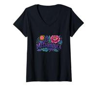 Mujer Orgullo de jardín retro con flores de peonía de Mishawaka Indiana Camiseta Cuello V