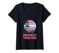 Mujer Orgullo transgénero protege a los niños trans, visibilidad retro LGBTQ+ Camiseta Cuello V