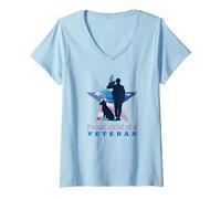 Mujer Orgulloso Hijo de un Veterano (gráfico de Soldado Americano de la Bandera de Estados Unidos) Camiseta Cuello V