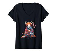 Mujer Origami Panda Rojo Kimono Kawaii Pequeños Pandas Gato Oso Camiseta Cuello V