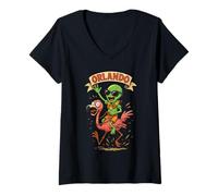 Mujer Orlando Alien Riding Flamingo Florida Beach Vacaciones Camiseta Cuello V