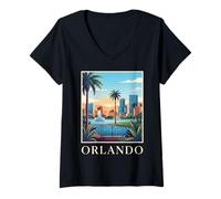 Mujer Orlando Florida Retro Vintage Horizonte Puesta del Sol Paisaje Urbano Camiseta Cuello V