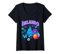 Mujer Orlando Retro Bootleg Castillo Horizonte Mariposas Rueda Arte Camiseta Cuello V