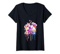Mujer Orquídeas Flores Verano Naturaleza Acuarela Diseño Flores Silvestres Camiseta Cuello V