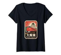 Mujer Osaka Castle Japón Retro Tren Vintage Kanji Streetwear Camiseta Cuello V