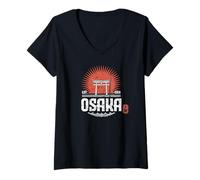 Mujer Osaka Souvenir Tori Gate Japón Sol japonés Kanji Hanko Camiseta Cuello V